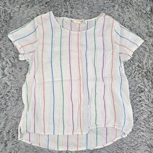 Christian Siriano Womens Small White Linen Striped Cap Sleeve Round Neck‎ Shirt